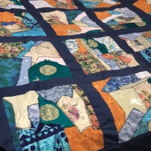 Blue silk and cotton crazy quilt.